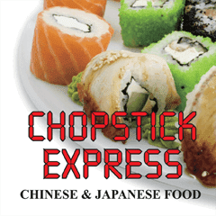 Chopstick Express's Secondary Logo with California Rolls in the background.
